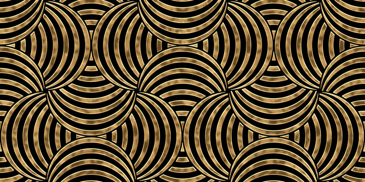 Seamless golden Mid Century Modern striped semi circles nautical shell or scales pattern. Vintage abstract geometric gold plated relief on black background. Retro maximalist wallpaper. 3D rendering.