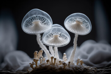 beautiful closeup white mushrooms with dark background.