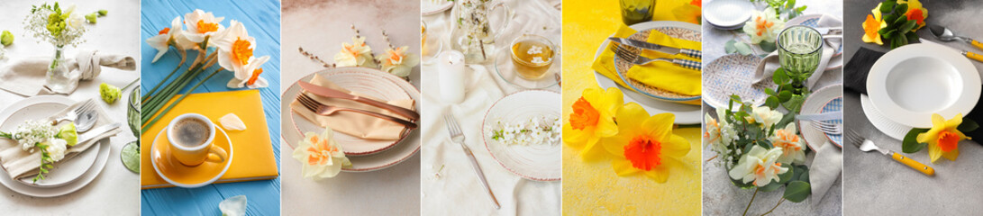 Spring collage with beautiful flowers, table settings and cup of coffee