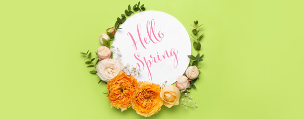 Greeting card with text HELLO, SPRING and beautiful flowers on color background
