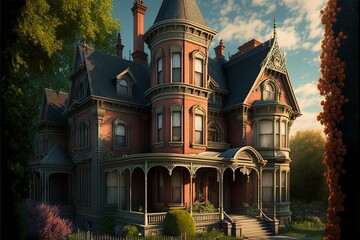 victorian house with tower - obrazy, fototapety, plakaty