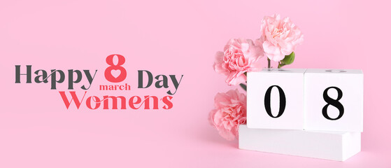 Greeting card for 8 March with calendar and flowers on pink background