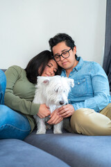 Happy gay couple sitting on sofa, positive people, with black hair in casual clothes sitting on blue couch and talking to each other in living room, embracing cute west highland white terrier.