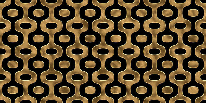 Seamless Golden Mid Century Modern Rounded Ogee Circle And Stripe Pattern. Vintage Abstract Geometric Gold Plated Relief On Dark Black Background. Retro Gilded Metallic Wallpaper Decor. 3D Rendering.