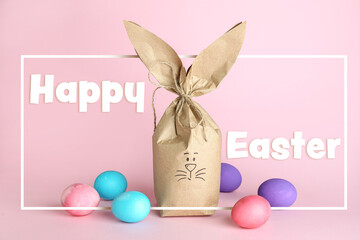 Beautiful greeting card with Easter eggs and gift