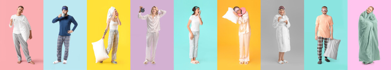 Collage of people with sleep masks, pillows, alarm clock and cups of coffee on color background