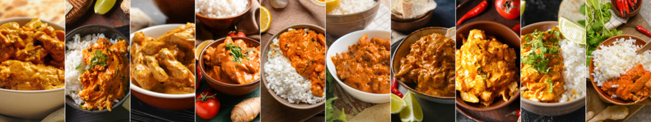 Collage of bowls with delicious chicken tikka masala on table