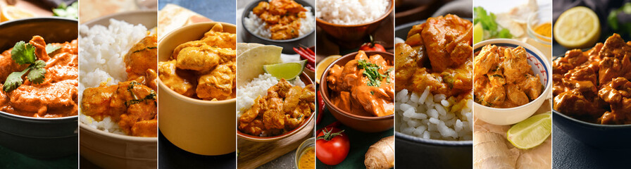 Collage of bowls with aromatic chicken tikka masala on table, closeup