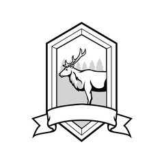 Black and white deer vector illustration with adventure badge