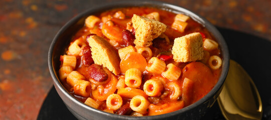 Bowl with tasty pasta and beans on table, closeup