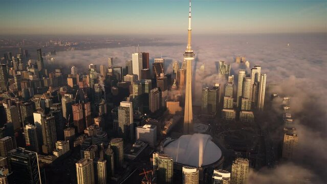 Aerial view of downtown Toronto evening 2022