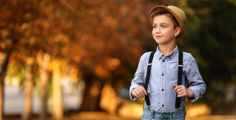 Cute fashionable boy with suspenders in autumn park