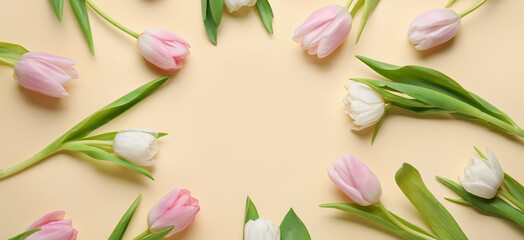 Plakat Frame made of beautiful tulip flowers on beige background. Hello spring