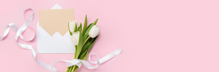 Envelope, tulip flowers and ribbon in shape of figure 8 on pink background with space for text. Women's Day celebration