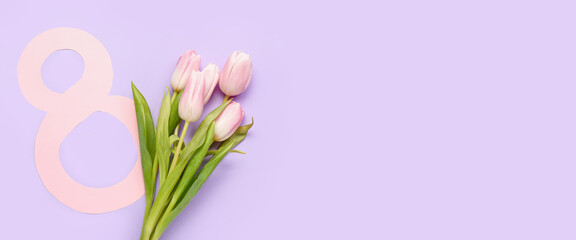 Beautiful tulip flowers and figure 8 on lilac background with space for text. Women's Day celebration
