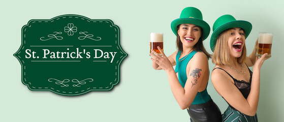 Greeting card for St. Patrick's Day with beautiful young women drinking beer