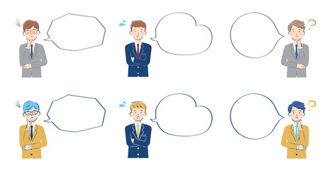 ふきだしとカジュアル姿の若い男性　悩む　困る　上半身