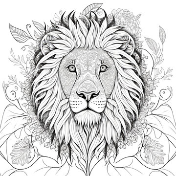 Lion Portrait Illustration for Coloring book page for adults and kids - Generative AI	