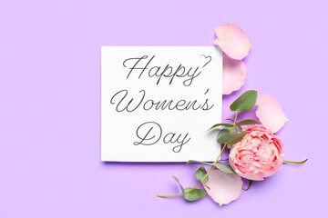 Beautiful greeting card for International Women's Day with pink rose flower