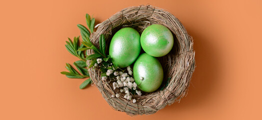 Nest with beautiful Easter eggs on orange background