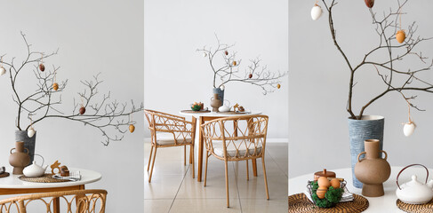 Collage of tree branches with Easter eggs on dining table in room