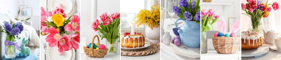 Festive collage for Easter celebration with spring flowers, tasty cakes, painted eggs and beautiful table settings