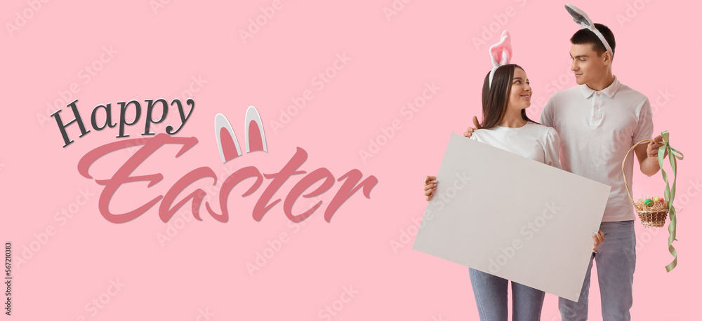 Canvas Prints Banner with happy young couple in bunny ears, with Easter eggs in basket and blank poster on pink background