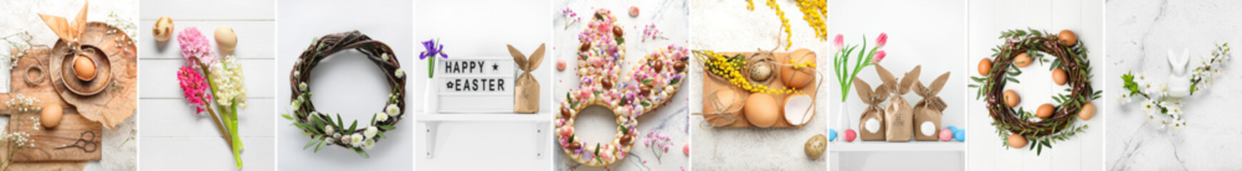 Festive collage for Easter celebration with spring flowers, tasty cake, bunnies and eggs on light...