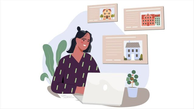 Search for real estate concept. Moving girl entrepreneur or realtor looking for offers to sell or rent house and apartment. Mortgage or loan for purchase of property. Flat graphic animated cartoon