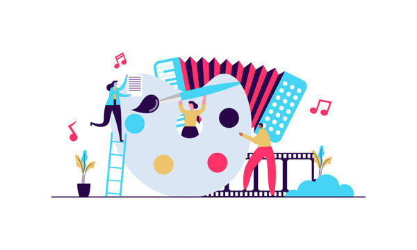 Arts vector illustration. Flat tiny music, literature and painting persons concept