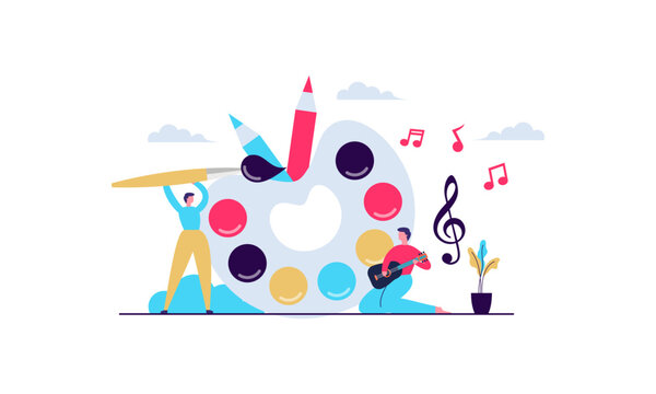 Arts vector illustration. Flat tiny music, literature and painting persons concept