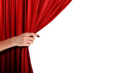 women hand holding red curtain on stage. - obrazy, fototapety, plakaty