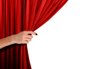 women hand holding red curtain on stage.