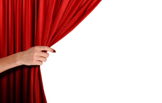 women hand holding red curtain on stage.