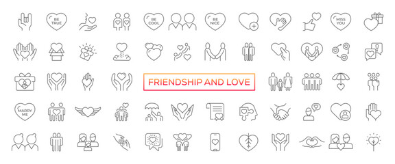 Fototapeta na wymiar Friendship and Love Vector Line Icons Set. Relationship, Mutual Understanding, Mutual Assistance, Interaction