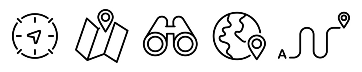 Conjunto de iconos de localización. Brújula, mapa, binoculares, ruta de ubicación. Ilustración vectorial © Frank