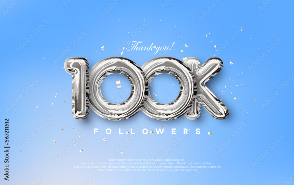 Wall mural thank you for the 100k followers with silver metallic balloons illustration. premium vector for post - Wall murals