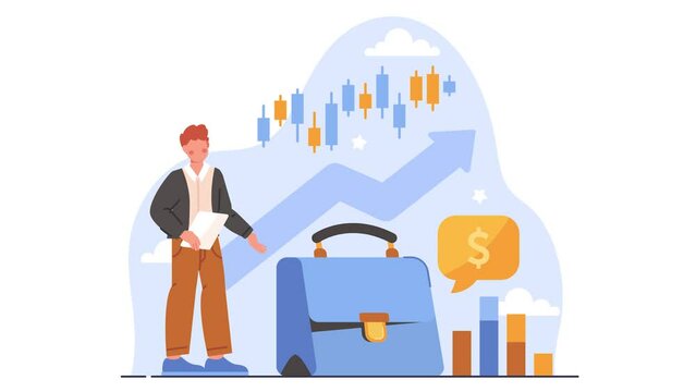 Profit or income concept. Moving male investor or entrepreneur increases passive income in stock market. Financial or economic growth. Money or budget management. Flat graphic animated cartoon