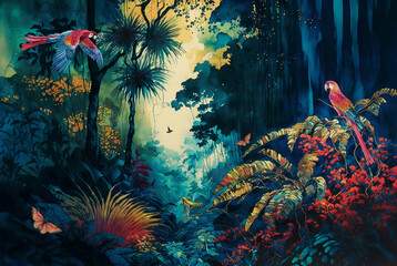 Fototapeta na wymiar Wallpaper of a natural landscape of rainforests of trees and palms, in consistent colors with birds, butterflies, parrots and flamingos, digital drawing in watercolors