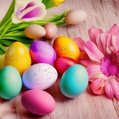 Fototapeta na wymiar Colorful Easter Eggs on a Decorative Backdrop