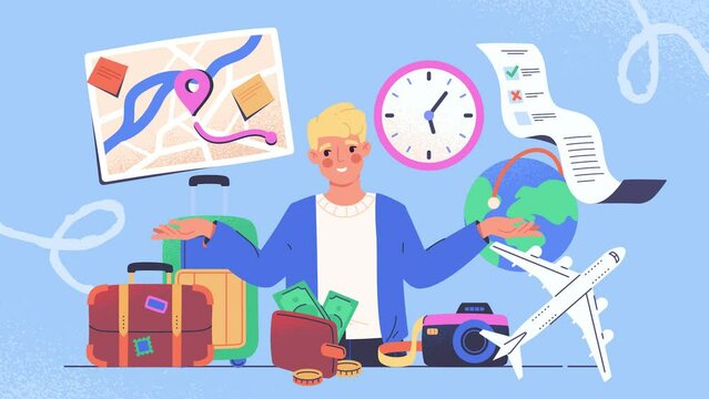 Travel plan. Moving man writes list of things needed for trip abroad. Character preparing for summer vacation or journey. Buying plane tickets and packing suitcases. Flat graphic animated cartoon
