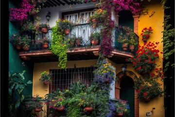 A Balcony full of beautiful flowers in spring in the city, showing the beautiness of the plants and vegetables between and inside the buildings, generative ai