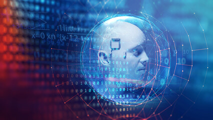 3d illustration of ai human on technology background.