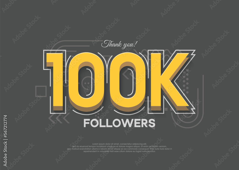 Sticker color cartoon theme thank you very much 100k followers greetings. premium vector for poster, banner, - Stickers