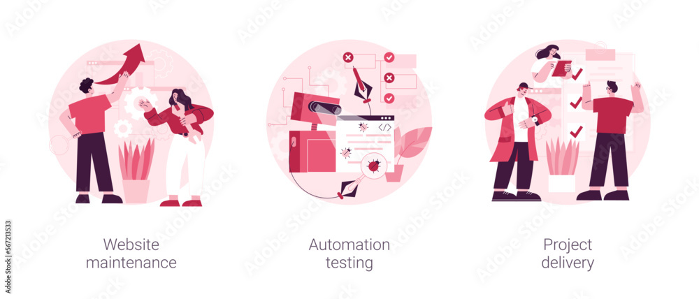 Poster web development and support abstract concept vector illustration set. website maintenance, automatio