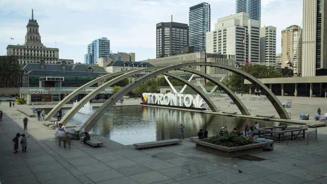 Timelapse of people at popular tourist spot in Nathan Philips Square in Toronto