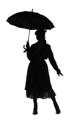 Silhouette of stylish young woman with umbrella on white background