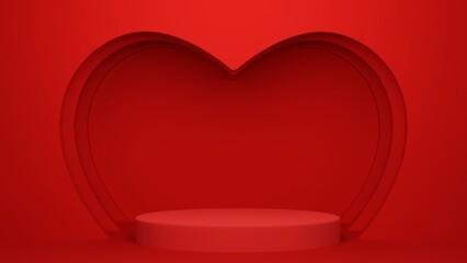 Red podium with heart for product presentation, copy space. 3d rendering. Valentine concept.