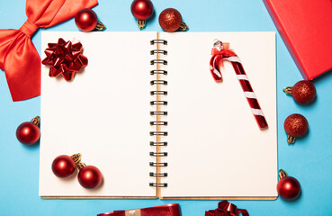 notebook with Christmas gift. Christmas day. December. 