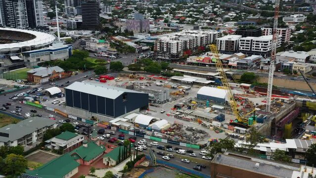 4K Aerial Drone Footage off Woolloongabba, Brisbane showing Cross River Rail construction